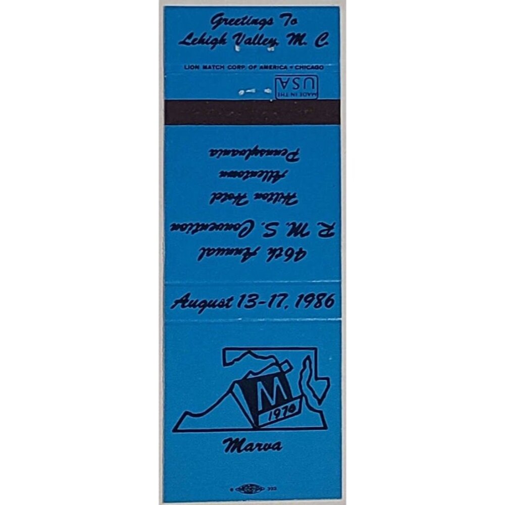 Vintage Matchbook Cover Marva MC RMS 1986 Lehigh Valley PA Convention Blue